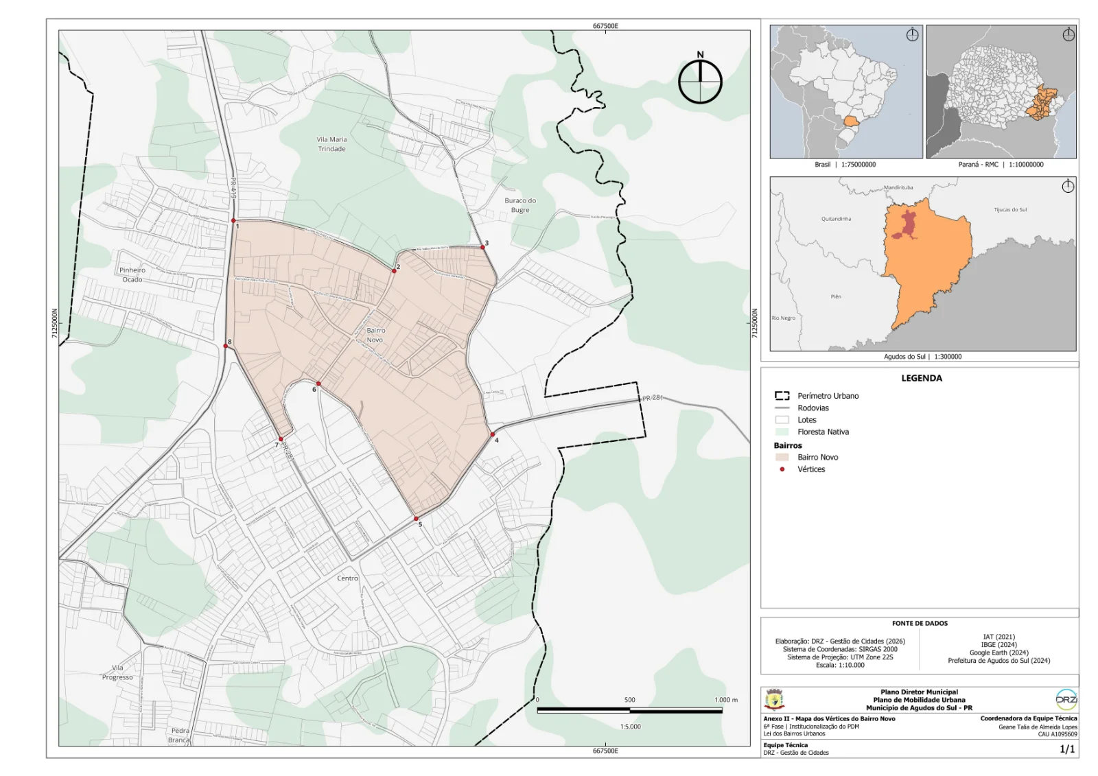 Mapa municipal de Bairro Novo, Agudos do Sul. Mapa individual disponibilizado pela Prefeitura de Agudos do Sul. Elaboração DRZ — Gestão de Cidades, 2026; fontes indicadas no próprio anexo. Cor de destaque identifica o bairro urbano; linha tracejada e símbolos têm significados próprios na legenda. Abra o PDF para ler o original.