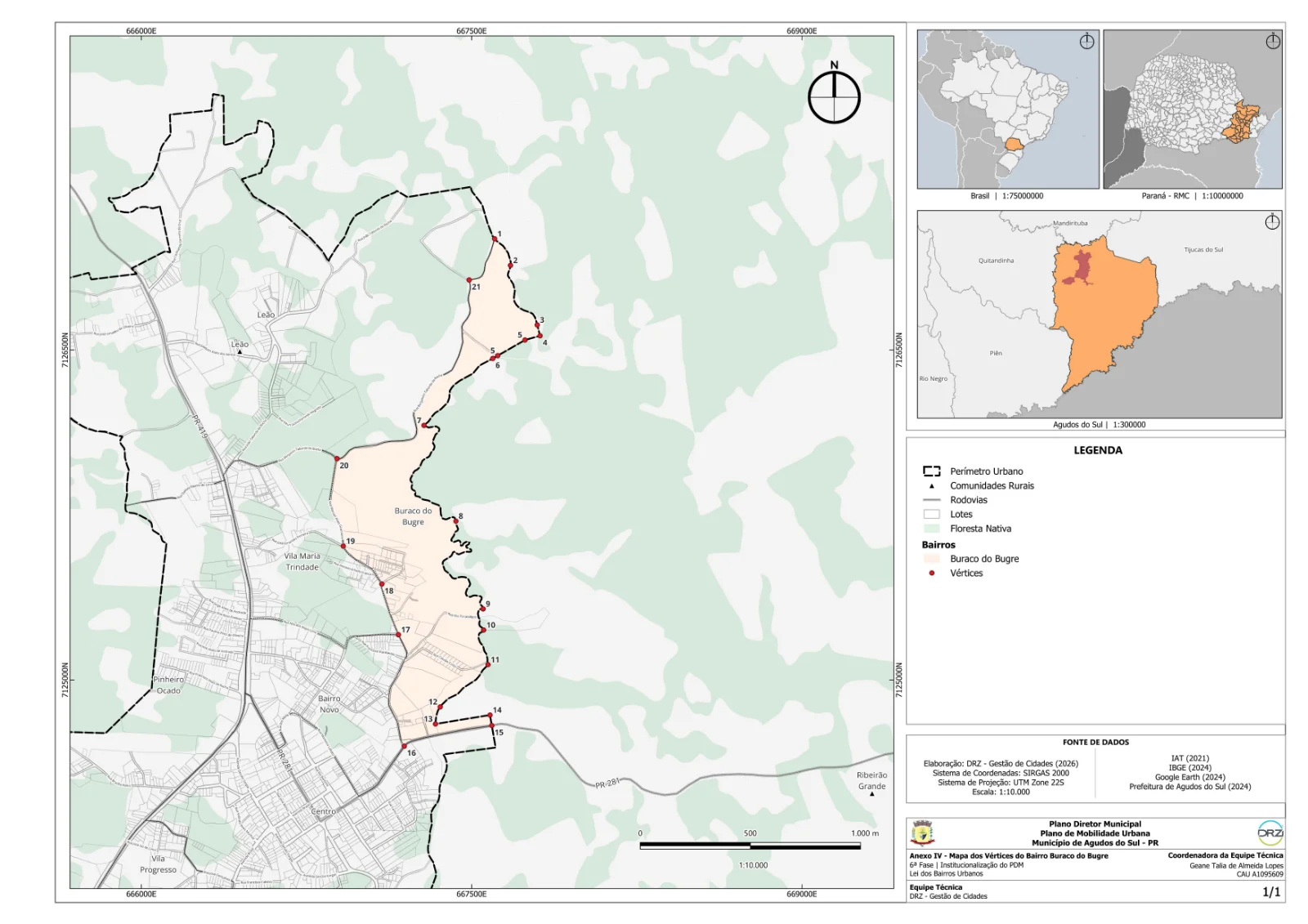 Mapa municipal de Buraco do Bugre, Agudos do Sul. Mapa individual disponibilizado pela Prefeitura de Agudos do Sul. Elaboração DRZ — Gestão de Cidades, 2026; fontes indicadas no próprio anexo. Cor de destaque identifica o bairro urbano; linha tracejada e símbolos têm significados próprios na legenda. Abra o PDF para ler o original.