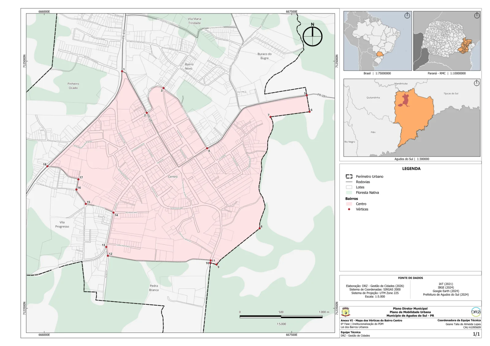 Mapa municipal de Centro, Agudos do Sul. Mapa individual disponibilizado pela Prefeitura de Agudos do Sul. Elaboração DRZ — Gestão de Cidades, 2026; fontes indicadas no próprio anexo. Cor de destaque identifica o bairro urbano; linha tracejada e símbolos têm significados próprios na legenda. Abra o PDF para ler o original.