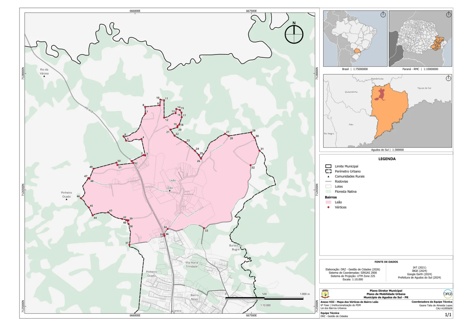 Mapa municipal de Leão, Agudos do Sul. Mapa individual disponibilizado pela Prefeitura de Agudos do Sul. Elaboração DRZ — Gestão de Cidades, 2026; fontes indicadas no próprio anexo. Cor de destaque identifica o bairro urbano; linha tracejada e símbolos têm significados próprios na legenda. Abra o PDF para ler o original.