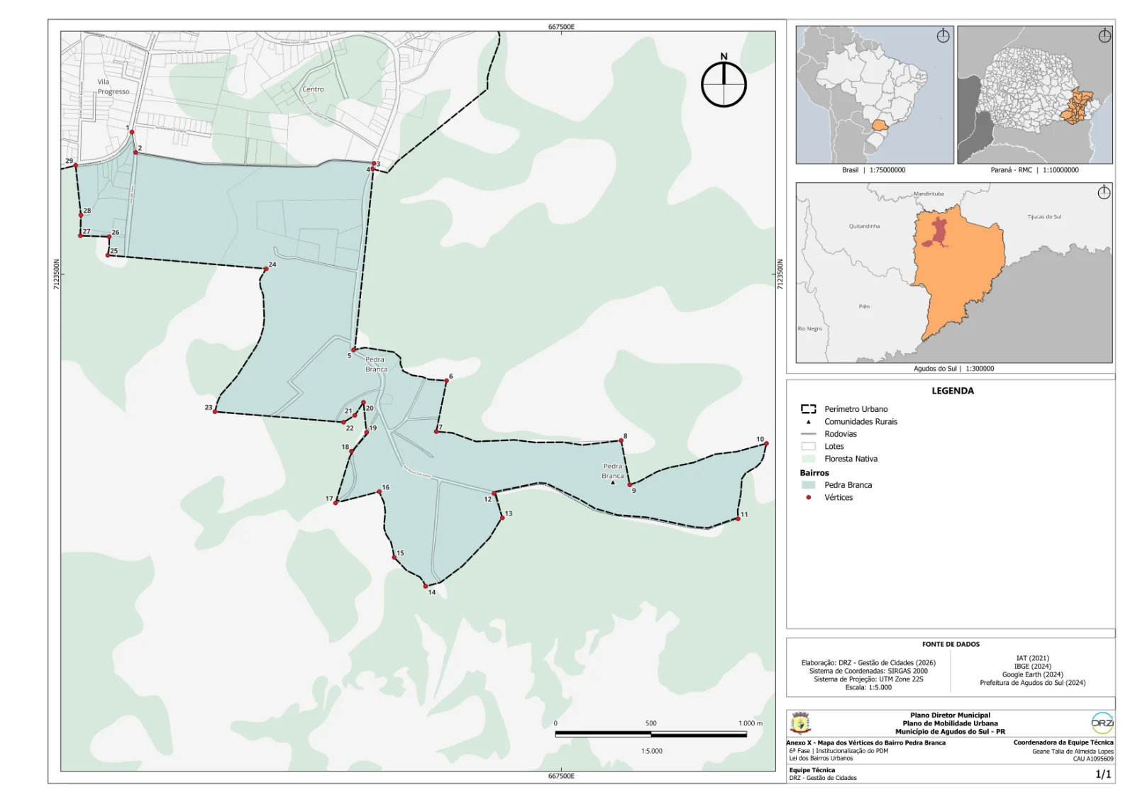 Mapa municipal de Pedra Branca, Agudos do Sul. Mapa individual disponibilizado pela Prefeitura de Agudos do Sul. Elaboração DRZ — Gestão de Cidades, 2026; fontes indicadas no próprio anexo. Cor de destaque identifica o bairro urbano; linha tracejada e símbolos têm significados próprios na legenda. Abra o PDF para ler o original.