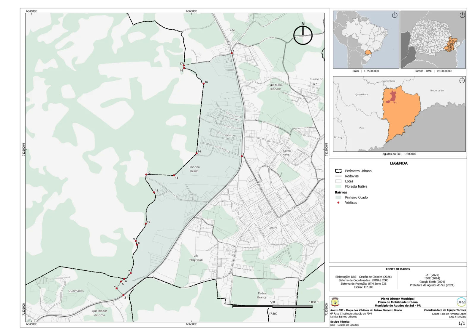 Mapa municipal de Pinheiro Ocado, Agudos do Sul. Mapa individual disponibilizado pela Prefeitura de Agudos do Sul. Elaboração DRZ — Gestão de Cidades, 2026; fontes indicadas no próprio anexo. Cor de destaque identifica o bairro urbano; linha tracejada e símbolos têm significados próprios na legenda. Abra o PDF para ler o original.