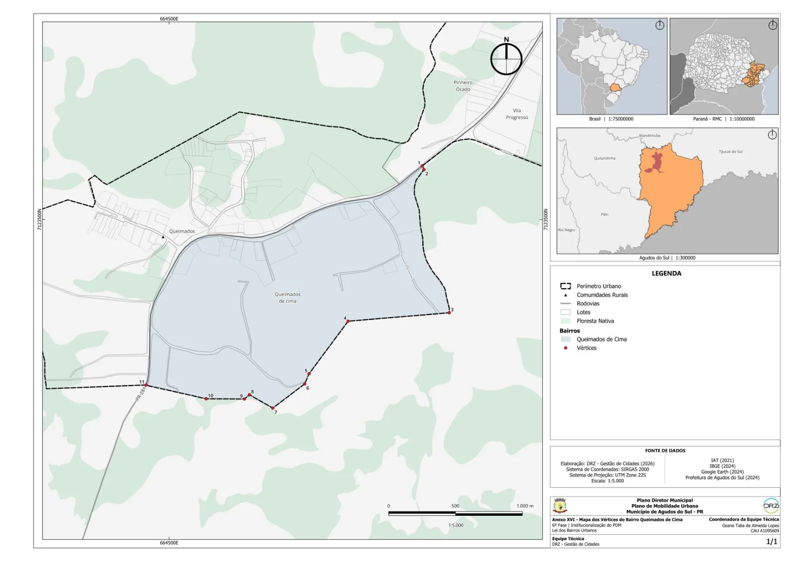 Mapa municipal de Queimados de Cima, Agudos do Sul. Mapa individual disponibilizado pela Prefeitura de Agudos do Sul. Elaboração DRZ — Gestão de Cidades, 2026; fontes indicadas no próprio anexo. Cor de destaque identifica o bairro urbano; linha tracejada e símbolos têm significados próprios na legenda. Abra o PDF para ler o original.