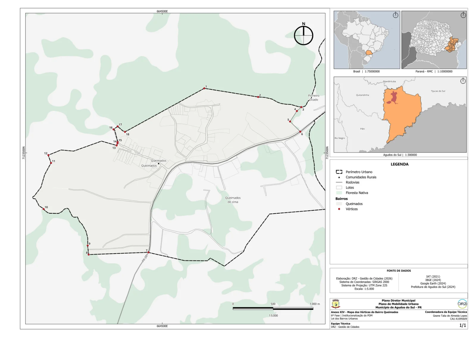Mapa municipal de Queimados, Agudos do Sul. Mapa individual disponibilizado pela Prefeitura de Agudos do Sul. Elaboração DRZ — Gestão de Cidades, 2026; fontes indicadas no próprio anexo. Cor de destaque identifica o bairro urbano; linha tracejada e símbolos têm significados próprios na legenda. Abra o PDF para ler o original.