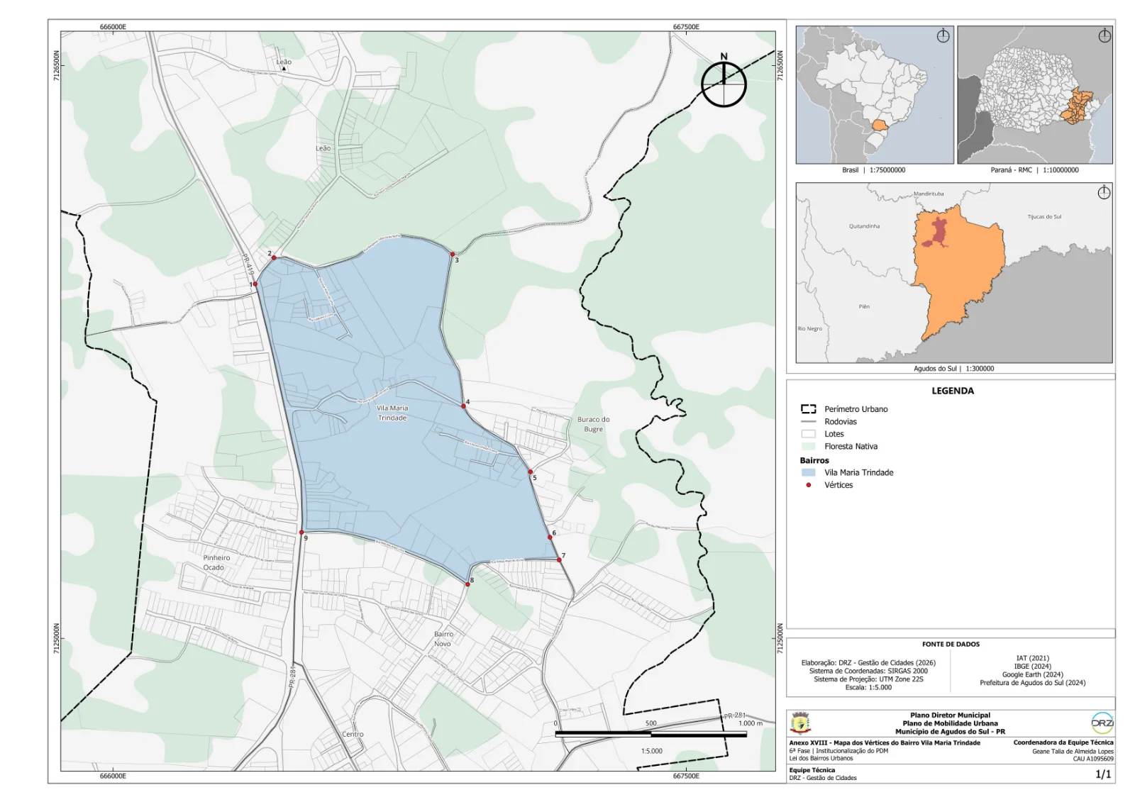 Mapa municipal de Vila Maria Trindade, Agudos do Sul. Mapa individual disponibilizado pela Prefeitura de Agudos do Sul. Elaboração DRZ — Gestão de Cidades, 2026; fontes indicadas no próprio anexo. Cor de destaque identifica o bairro urbano; linha tracejada e símbolos têm significados próprios na legenda. Abra o PDF para ler o original.