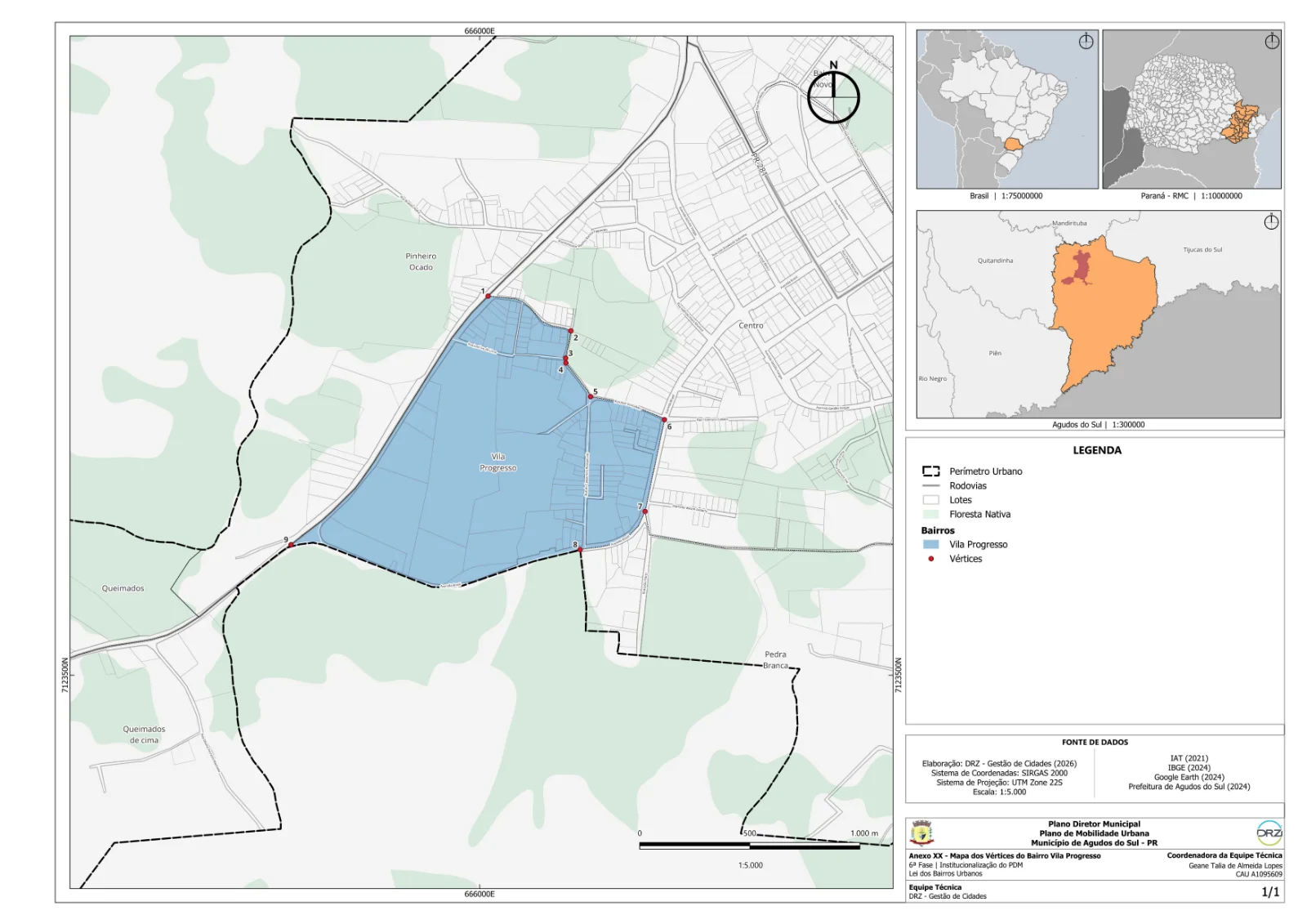 Mapa municipal de Vila Progresso, Agudos do Sul. Mapa individual disponibilizado pela Prefeitura de Agudos do Sul. Elaboração DRZ — Gestão de Cidades, 2026; fontes indicadas no próprio anexo. Cor de destaque identifica o bairro urbano; linha tracejada e símbolos têm significados próprios na legenda. Abra o PDF para ler o original.