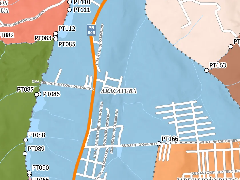Mapa municipal de Araçatuba, Campina Grande do Sul. Recorte centrado no rótulo do bairro no Anexo II. Não mostra necessariamente todo o perímetro. Mapa de dezembro de 2025 incorporado à lei de 2026; a legenda original utiliza “Bairros Propostos”. Elaboração URBTEC / Prefeitura de Campina Grande do Sul. Créditos de camadas: Esri, NASA, NGA, USGS e Earthstar Geographics, conforme a prancha. Consulte o PDF integral para limites e escalas.
