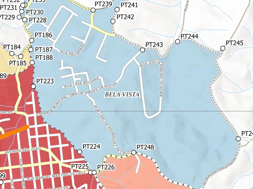 Mapa municipal de Bela Vista, Campina Grande do Sul. Recorte centrado no rótulo do bairro no Anexo II. Não mostra necessariamente todo o perímetro. Mapa de dezembro de 2025 incorporado à lei de 2026; a legenda original utiliza “Bairros Propostos”. Elaboração URBTEC / Prefeitura de Campina Grande do Sul. Créditos de camadas: Esri, NASA, NGA, USGS e Earthstar Geographics, conforme a prancha. Consulte o PDF integral para limites e escalas.