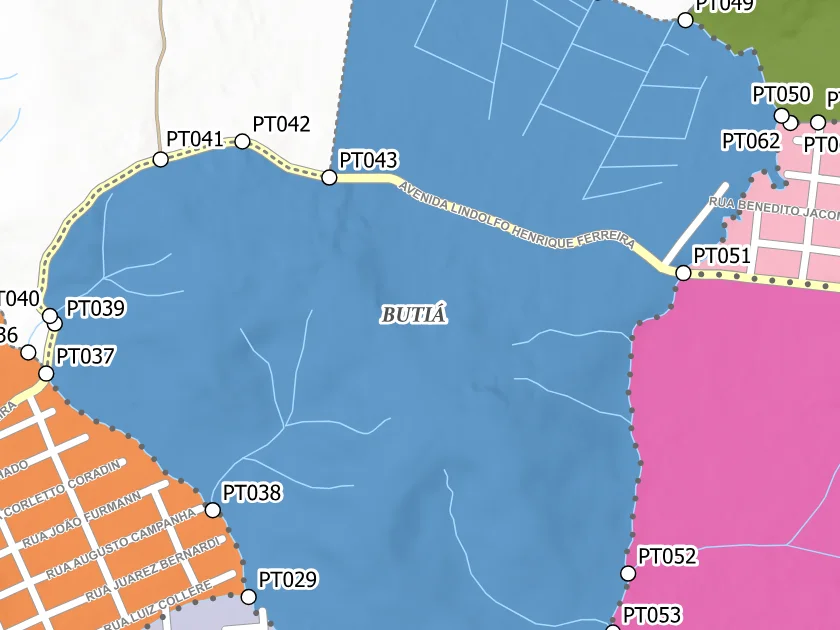 Mapa municipal de Butiá, Campina Grande do Sul. Recorte centrado no rótulo do bairro no Anexo II. Não mostra necessariamente todo o perímetro. Mapa de dezembro de 2025 incorporado à lei de 2026; a legenda original utiliza “Bairros Propostos”. Elaboração URBTEC / Prefeitura de Campina Grande do Sul. Créditos de camadas: Esri, NASA, NGA, USGS e Earthstar Geographics, conforme a prancha. Consulte o PDF integral para limites e escalas.