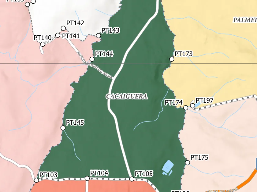 Mapa municipal de Cacaiguera, Campina Grande do Sul. Recorte centrado no rótulo do bairro no Anexo II. Não mostra necessariamente todo o perímetro. Mapa de dezembro de 2025 incorporado à lei de 2026; a legenda original utiliza “Bairros Propostos”. Elaboração URBTEC / Prefeitura de Campina Grande do Sul. Créditos de camadas: Esri, NASA, NGA, USGS e Earthstar Geographics, conforme a prancha. Consulte o PDF integral para limites e escalas.
