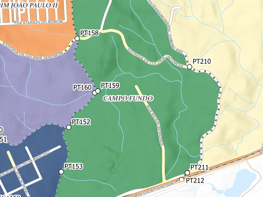 Mapa municipal de Campo Fundo, Campina Grande do Sul. Recorte centrado no rótulo do bairro no Anexo II. Não mostra necessariamente todo o perímetro. Mapa de dezembro de 2025 incorporado à lei de 2026; a legenda original utiliza “Bairros Propostos”. Elaboração URBTEC / Prefeitura de Campina Grande do Sul. Créditos de camadas: Esri, NASA, NGA, USGS e Earthstar Geographics, conforme a prancha. Consulte o PDF integral para limites e escalas.