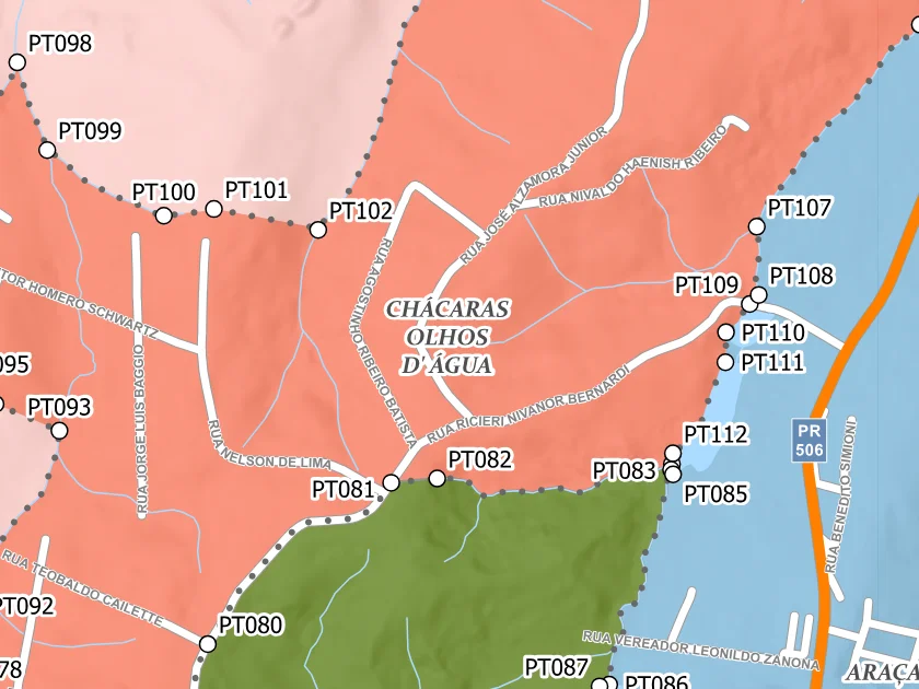 Mapa municipal de Chácaras Olhos D' Água, Campina Grande do Sul. Recorte centrado no rótulo do bairro no Anexo II. Não mostra necessariamente todo o perímetro. Mapa de dezembro de 2025 incorporado à lei de 2026; a legenda original utiliza “Bairros Propostos”. Elaboração URBTEC / Prefeitura de Campina Grande do Sul. Créditos de camadas: Esri, NASA, NGA, USGS e Earthstar Geographics, conforme a prancha. Consulte o PDF integral para limites e escalas.