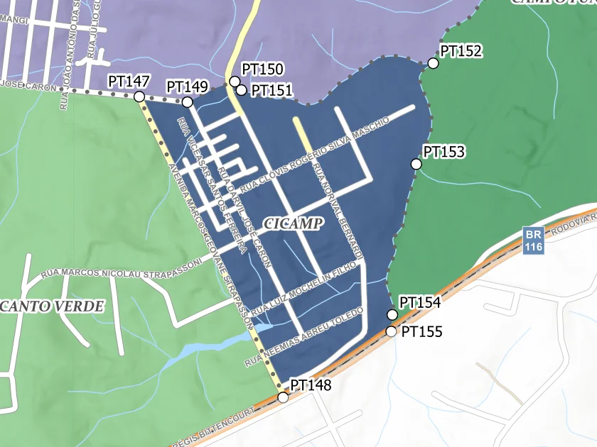 Mapa municipal de CICAMP, Campina Grande do Sul. Recorte centrado no rótulo do bairro no Anexo II. Não mostra necessariamente todo o perímetro. Mapa de dezembro de 2025 incorporado à lei de 2026; a legenda original utiliza “Bairros Propostos”. Elaboração URBTEC / Prefeitura de Campina Grande do Sul. Créditos de camadas: Esri, NASA, NGA, USGS e Earthstar Geographics, conforme a prancha. Consulte o PDF integral para limites e escalas.