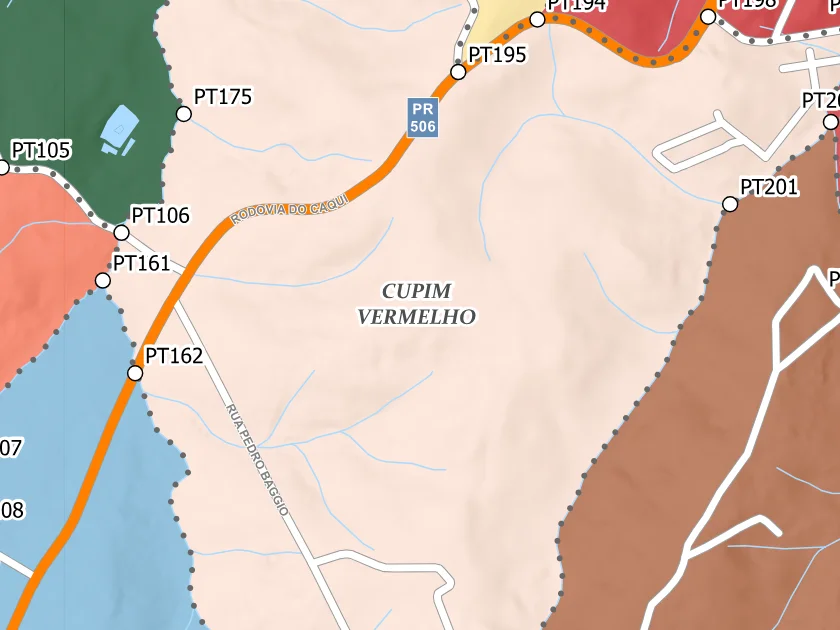 Mapa municipal de Cupim Vermelho, Campina Grande do Sul. Recorte centrado no rótulo do bairro no Anexo II. Não mostra necessariamente todo o perímetro. Mapa de dezembro de 2025 incorporado à lei de 2026; a legenda original utiliza “Bairros Propostos”. Elaboração URBTEC / Prefeitura de Campina Grande do Sul. Créditos de camadas: Esri, NASA, NGA, USGS e Earthstar Geographics, conforme a prancha. Consulte o PDF integral para limites e escalas.