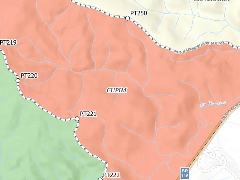 Mapa municipal de Cupim, Campina Grande do Sul. Recorte centrado no rótulo do bairro no Anexo II. Não mostra necessariamente todo o perímetro. Mapa de dezembro de 2025 incorporado à lei de 2026; a legenda original utiliza “Bairros Propostos”. Elaboração URBTEC / Prefeitura de Campina Grande do Sul. Créditos de camadas: Esri, NASA, NGA, USGS e Earthstar Geographics, conforme a prancha. Consulte o PDF integral para limites e escalas.
