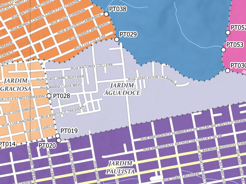 Mapa municipal de Jardim Água Doce, Campina Grande do Sul. Recorte centrado no rótulo do bairro no Anexo II. Não mostra necessariamente todo o perímetro. Mapa de dezembro de 2025 incorporado à lei de 2026; a legenda original utiliza “Bairros Propostos”. Elaboração URBTEC / Prefeitura de Campina Grande do Sul. Créditos de camadas: Esri, NASA, NGA, USGS e Earthstar Geographics, conforme a prancha. Consulte o PDF integral para limites e escalas.