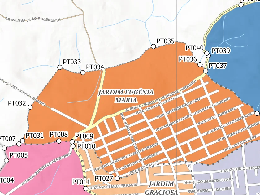 Mapa municipal de Jardim Eugênia Maria, Campina Grande do Sul. Recorte centrado no rótulo do bairro no Anexo II. Não mostra necessariamente todo o perímetro. Mapa de dezembro de 2025 incorporado à lei de 2026; a legenda original utiliza “Bairros Propostos”. Elaboração URBTEC / Prefeitura de Campina Grande do Sul. Créditos de camadas: Esri, NASA, NGA, USGS e Earthstar Geographics, conforme a prancha. Consulte o PDF integral para limites e escalas.