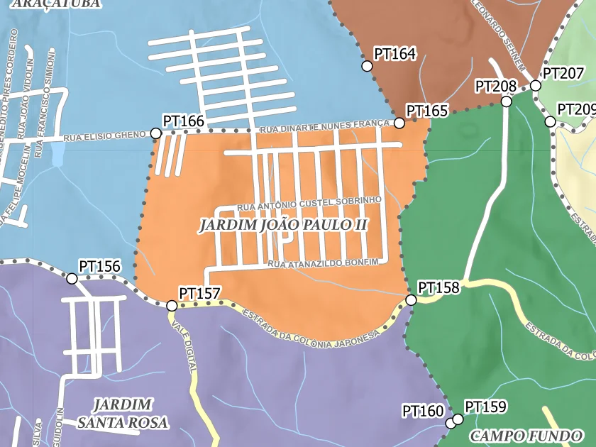 Mapa municipal de Jardim João Paulo II, Campina Grande do Sul. Recorte centrado no rótulo do bairro no Anexo II. Não mostra necessariamente todo o perímetro. Mapa de dezembro de 2025 incorporado à lei de 2026; a legenda original utiliza “Bairros Propostos”. Elaboração URBTEC / Prefeitura de Campina Grande do Sul. Créditos de camadas: Esri, NASA, NGA, USGS e Earthstar Geographics, conforme a prancha. Consulte o PDF integral para limites e escalas.