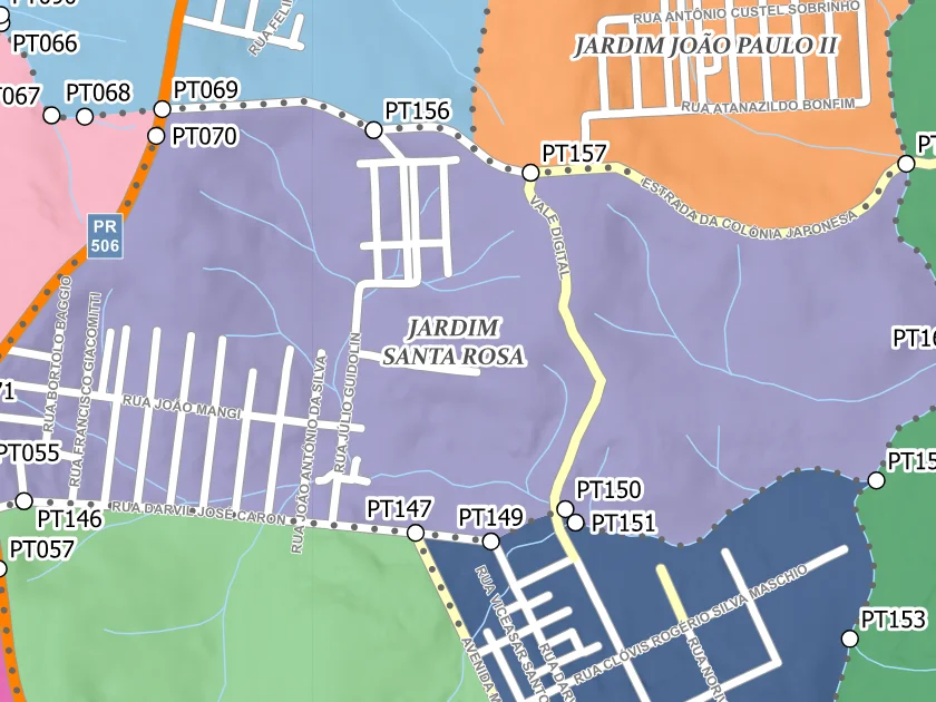 Mapa municipal de Jardim Santa Rosa, Campina Grande do Sul. Recorte centrado no rótulo do bairro no Anexo II. Não mostra necessariamente todo o perímetro. Mapa de dezembro de 2025 incorporado à lei de 2026; a legenda original utiliza “Bairros Propostos”. Elaboração URBTEC / Prefeitura de Campina Grande do Sul. Créditos de camadas: Esri, NASA, NGA, USGS e Earthstar Geographics, conforme a prancha. Consulte o PDF integral para limites e escalas.