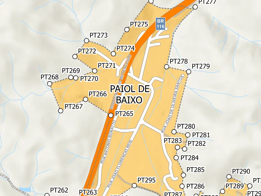 Mapa municipal de Paiol de Baixo, Campina Grande do Sul. Recorte centrado no rótulo do bairro no Anexo II. Não mostra necessariamente todo o perímetro. Mapa de dezembro de 2025 incorporado à lei de 2026; a legenda original utiliza “Bairros Propostos”. Elaboração URBTEC / Prefeitura de Campina Grande do Sul. Créditos de camadas: Esri, NASA, NGA, USGS e Earthstar Geographics, conforme a prancha. Consulte o PDF integral para limites e escalas.