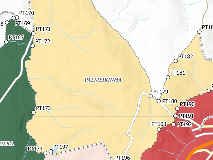 Mapa municipal de Palmeirinha, Campina Grande do Sul. Recorte centrado no rótulo do bairro no Anexo II. Não mostra necessariamente todo o perímetro. Mapa de dezembro de 2025 incorporado à lei de 2026; a legenda original utiliza “Bairros Propostos”. Elaboração URBTEC / Prefeitura de Campina Grande do Sul. Créditos de camadas: Esri, NASA, NGA, USGS e Earthstar Geographics, conforme a prancha. Consulte o PDF integral para limites e escalas.
