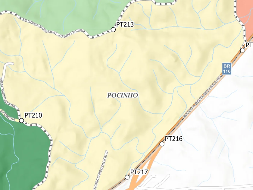 Mapa municipal de Pocinho, Campina Grande do Sul. Recorte centrado no rótulo do bairro no Anexo II. Não mostra necessariamente todo o perímetro. Mapa de dezembro de 2025 incorporado à lei de 2026; a legenda original utiliza “Bairros Propostos”. Elaboração URBTEC / Prefeitura de Campina Grande do Sul. Créditos de camadas: Esri, NASA, NGA, USGS e Earthstar Geographics, conforme a prancha. Consulte o PDF integral para limites e escalas.