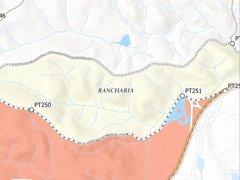 Mapa municipal de Rancharia, Campina Grande do Sul. Recorte centrado no rótulo do bairro no Anexo II. Não mostra necessariamente todo o perímetro. Mapa de dezembro de 2025 incorporado à lei de 2026; a legenda original utiliza “Bairros Propostos”. Elaboração URBTEC / Prefeitura de Campina Grande do Sul. Créditos de camadas: Esri, NASA, NGA, USGS e Earthstar Geographics, conforme a prancha. Consulte o PDF integral para limites e escalas.