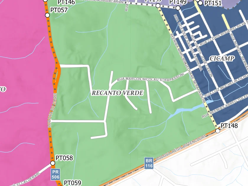 Mapa municipal de Recanto Verde, Campina Grande do Sul. Recorte centrado no rótulo do bairro no Anexo II. Não mostra necessariamente todo o perímetro. Mapa de dezembro de 2025 incorporado à lei de 2026; a legenda original utiliza “Bairros Propostos”. Elaboração URBTEC / Prefeitura de Campina Grande do Sul. Créditos de camadas: Esri, NASA, NGA, USGS e Earthstar Geographics, conforme a prancha. Consulte o PDF integral para limites e escalas.