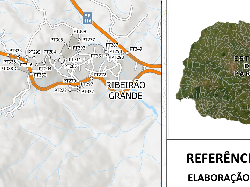 Mapa municipal de Ribeirão Grande, Campina Grande do Sul. Recorte centrado no rótulo do bairro no Anexo II. Não mostra necessariamente todo o perímetro. Mapa de dezembro de 2025 incorporado à lei de 2026; a legenda original utiliza “Bairros Propostos”. Elaboração URBTEC / Prefeitura de Campina Grande do Sul. Créditos de camadas: Esri, NASA, NGA, USGS e Earthstar Geographics, conforme a prancha. Consulte o PDF integral para limites e escalas.