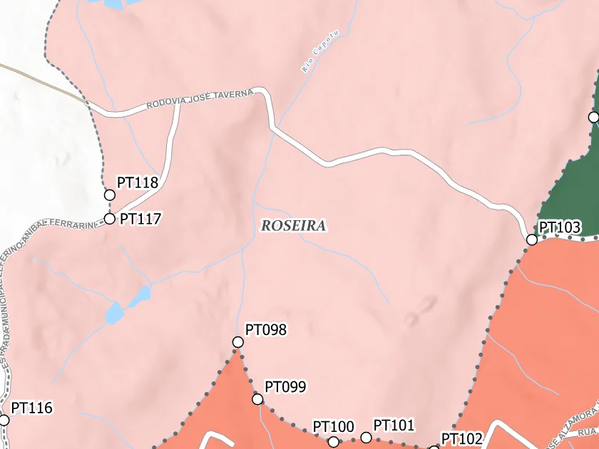 Mapa municipal de Roseira, Campina Grande do Sul. Recorte centrado no rótulo do bairro no Anexo II. Não mostra necessariamente todo o perímetro. Mapa de dezembro de 2025 incorporado à lei de 2026; a legenda original utiliza “Bairros Propostos”. Elaboração URBTEC / Prefeitura de Campina Grande do Sul. Créditos de camadas: Esri, NASA, NGA, USGS e Earthstar Geographics, conforme a prancha. Consulte o PDF integral para limites e escalas.