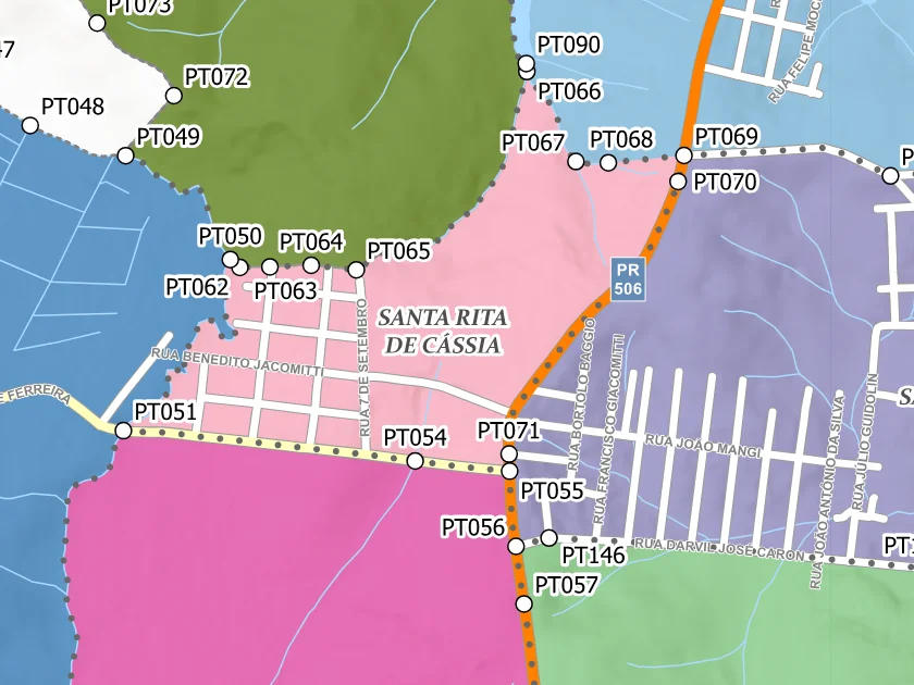 Mapa municipal de Santa Rita de Cássia, Campina Grande do Sul. Recorte centrado no rótulo do bairro no Anexo II. Não mostra necessariamente todo o perímetro. Mapa de dezembro de 2025 incorporado à lei de 2026; a legenda original utiliza “Bairros Propostos”. Elaboração URBTEC / Prefeitura de Campina Grande do Sul. Créditos de camadas: Esri, NASA, NGA, USGS e Earthstar Geographics, conforme a prancha. Consulte o PDF integral para limites e escalas.