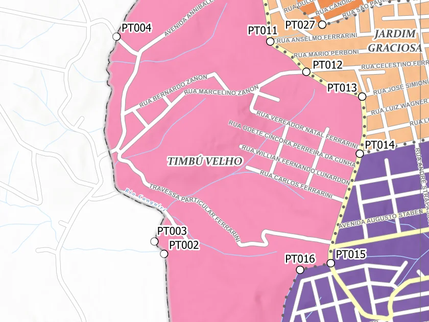 Mapa municipal de Timbú Velho, Campina Grande do Sul. Recorte centrado no rótulo do bairro no Anexo II. Não mostra necessariamente todo o perímetro. Mapa de dezembro de 2025 incorporado à lei de 2026; a legenda original utiliza “Bairros Propostos”. Elaboração URBTEC / Prefeitura de Campina Grande do Sul. Créditos de camadas: Esri, NASA, NGA, USGS e Earthstar Geographics, conforme a prancha. Consulte o PDF integral para limites e escalas.