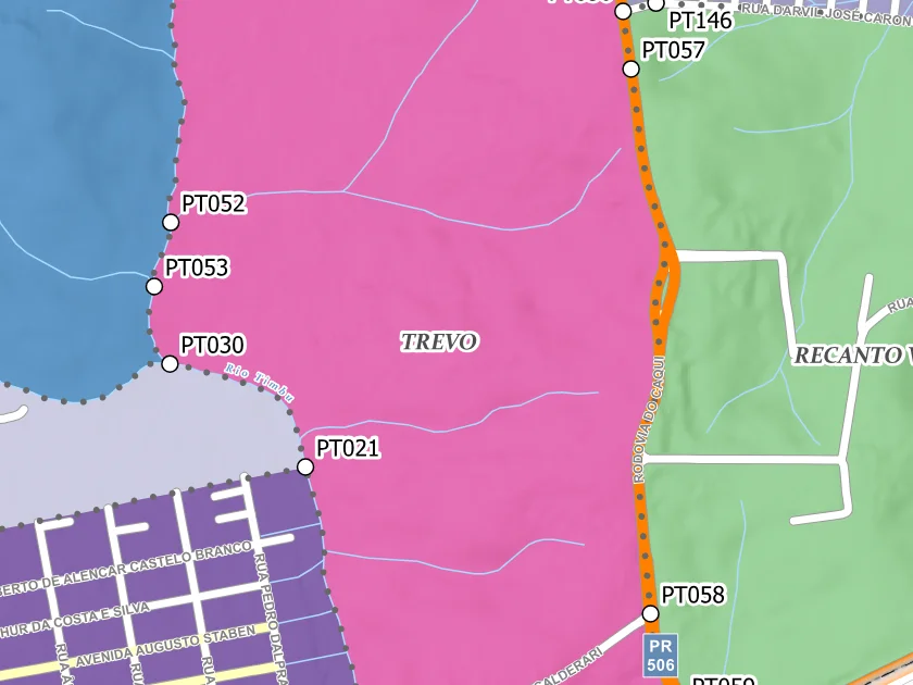 Mapa municipal de Trevo, Campina Grande do Sul. Recorte centrado no rótulo do bairro no Anexo II. Não mostra necessariamente todo o perímetro. Mapa de dezembro de 2025 incorporado à lei de 2026; a legenda original utiliza “Bairros Propostos”. Elaboração URBTEC / Prefeitura de Campina Grande do Sul. Créditos de camadas: Esri, NASA, NGA, USGS e Earthstar Geographics, conforme a prancha. Consulte o PDF integral para limites e escalas.