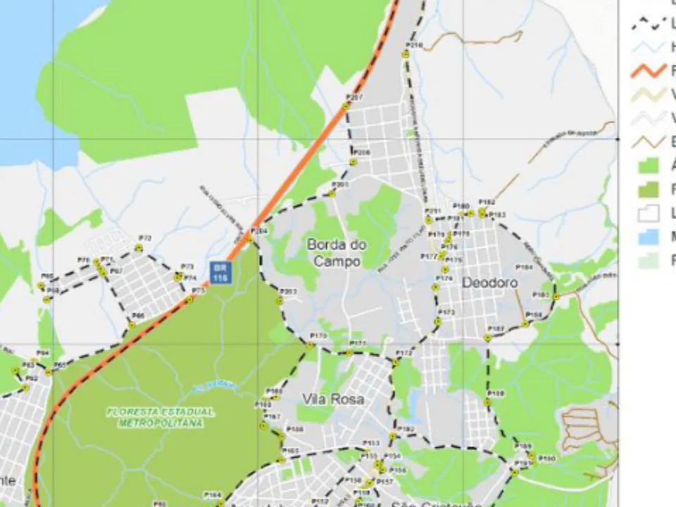 Mapa municipal de Borda do Campo, Piraquara. Recorte do mapa municipal do Anexo VII, centrado no rótulo do bairro. Pode não conter todo o perímetro. O mapa conserva a legenda histórica de proposta, incorporada à lei de 2026. Consulte o original para limites completos. Fonte: Prefeitura de Piraquara / URBTEC.