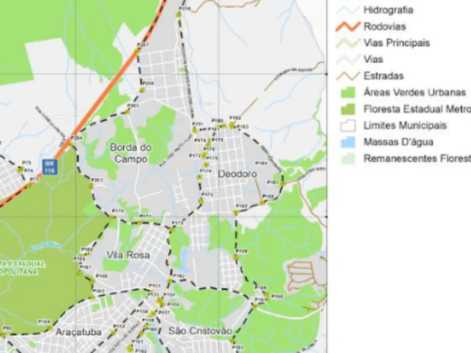 Mapa municipal de Deodoro, Piraquara. Recorte do mapa municipal do Anexo VII, centrado no rótulo do bairro. Pode não conter todo o perímetro. O mapa conserva a legenda histórica de proposta, incorporada à lei de 2026. Consulte o original para limites completos. Fonte: Prefeitura de Piraquara / URBTEC.