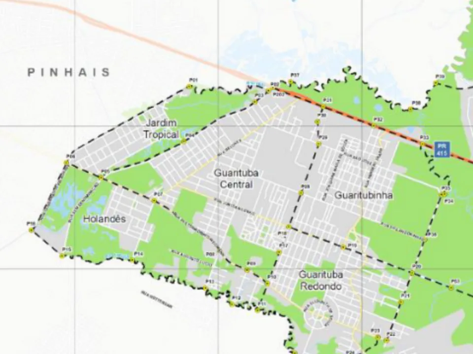Mapa municipal de Guarituba Central, Piraquara. Recorte do mapa municipal do Anexo VII, centrado no rótulo do bairro. Pode não conter todo o perímetro. O mapa conserva a legenda histórica de proposta, incorporada à lei de 2026. Consulte o original para limites completos. Fonte: Prefeitura de Piraquara / URBTEC.