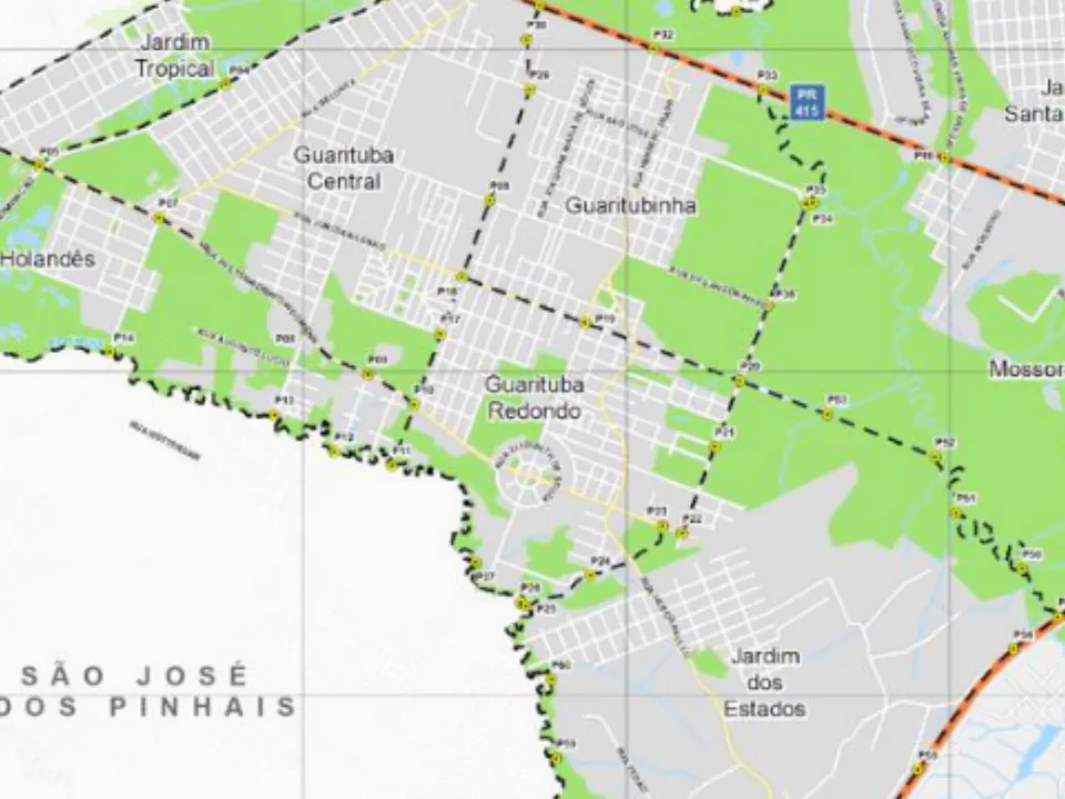 Mapa municipal de Guarituba Redondo, Piraquara. Recorte do mapa municipal do Anexo VII, centrado no rótulo do bairro. Pode não conter todo o perímetro. O mapa conserva a legenda histórica de proposta, incorporada à lei de 2026. Consulte o original para limites completos. Fonte: Prefeitura de Piraquara / URBTEC.
