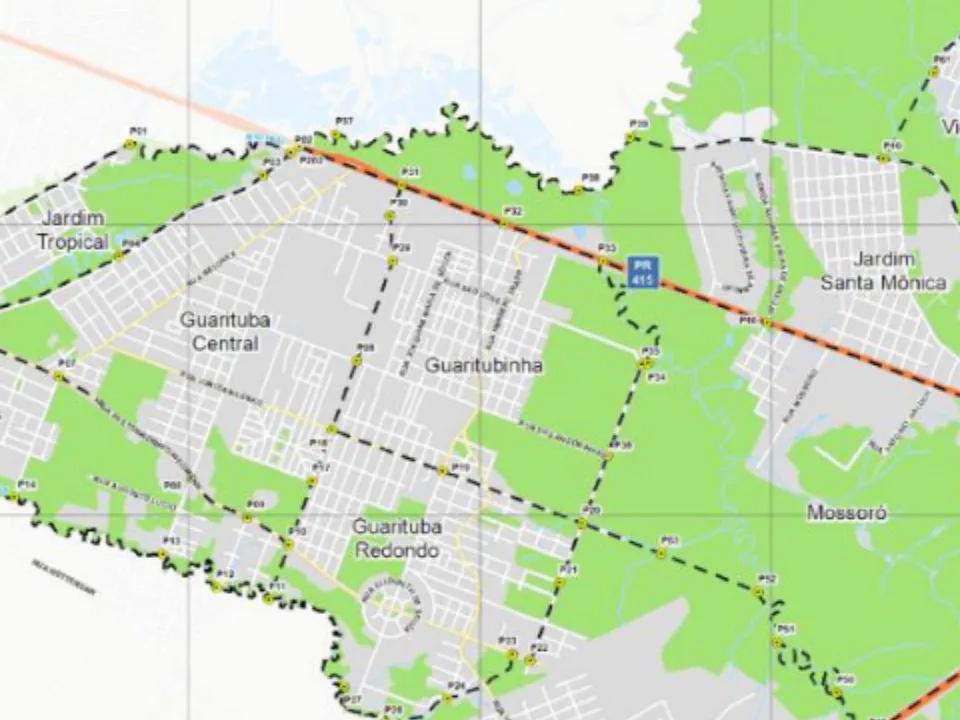 Mapa municipal de Guaritubinha, Piraquara. Recorte do mapa municipal do Anexo VII, centrado no rótulo do bairro. Pode não conter todo o perímetro. O mapa conserva a legenda histórica de proposta, incorporada à lei de 2026. Consulte o original para limites completos. Fonte: Prefeitura de Piraquara / URBTEC.