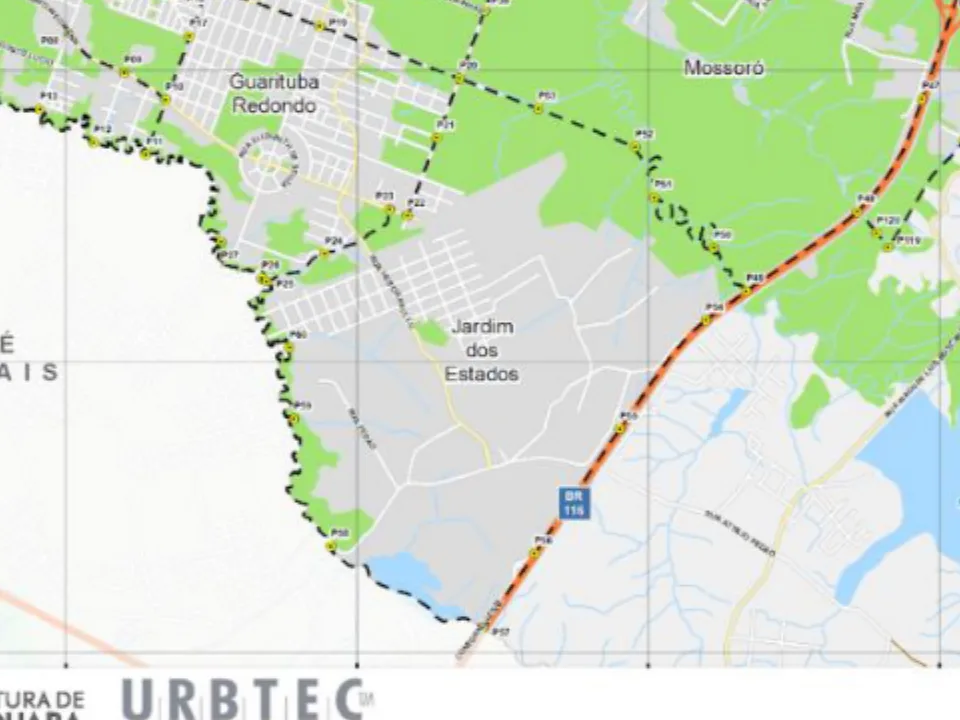 Mapa municipal de Jardim dos Estados, Piraquara. Recorte do mapa municipal do Anexo VII, centrado no rótulo do bairro. Pode não conter todo o perímetro. O mapa conserva a legenda histórica de proposta, incorporada à lei de 2026. Consulte o original para limites completos. Fonte: Prefeitura de Piraquara / URBTEC.