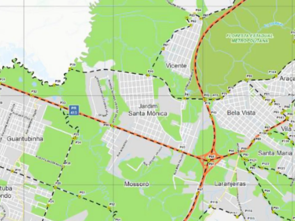 Mapa municipal de Jardim Santa Mônica, Piraquara. Recorte do mapa municipal do Anexo VII, centrado no rótulo do bairro. Pode não conter todo o perímetro. O mapa conserva a legenda histórica de proposta, incorporada à lei de 2026. Consulte o original para limites completos. Fonte: Prefeitura de Piraquara / URBTEC.