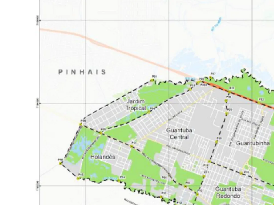 Mapa municipal de Jardim Tropical, Piraquara. Recorte do mapa municipal do Anexo VII, centrado no rótulo do bairro. Pode não conter todo o perímetro. O mapa conserva a legenda histórica de proposta, incorporada à lei de 2026. Consulte o original para limites completos. Fonte: Prefeitura de Piraquara / URBTEC.