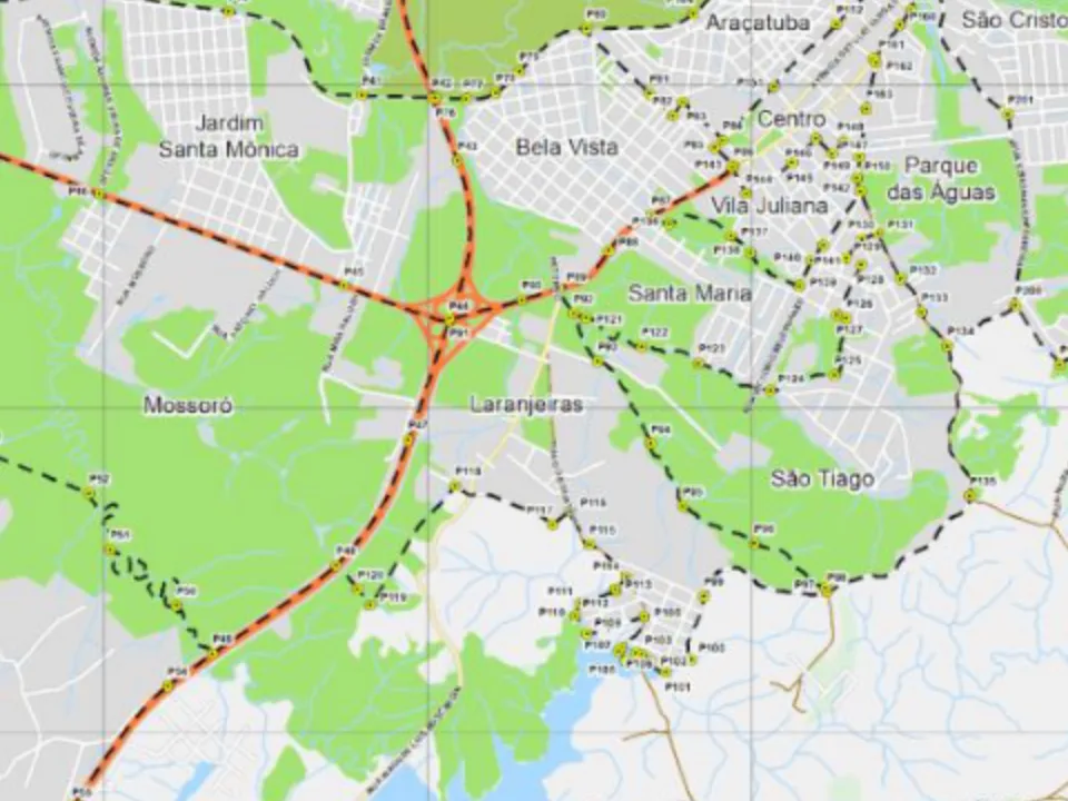 Mapa municipal de Laranjeiras, Piraquara. Recorte do mapa municipal do Anexo VII, centrado no rótulo do bairro. Pode não conter todo o perímetro. O mapa conserva a legenda histórica de proposta, incorporada à lei de 2026. Consulte o original para limites completos. Fonte: Prefeitura de Piraquara / URBTEC.