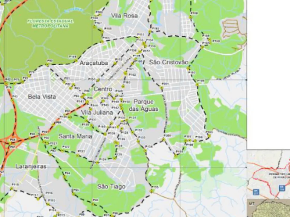 Mapa municipal de Parque das Águas, Piraquara. Recorte do mapa municipal do Anexo VII, centrado no rótulo do bairro. Pode não conter todo o perímetro. O mapa conserva a legenda histórica de proposta, incorporada à lei de 2026. Consulte o original para limites completos. Fonte: Prefeitura de Piraquara / URBTEC.