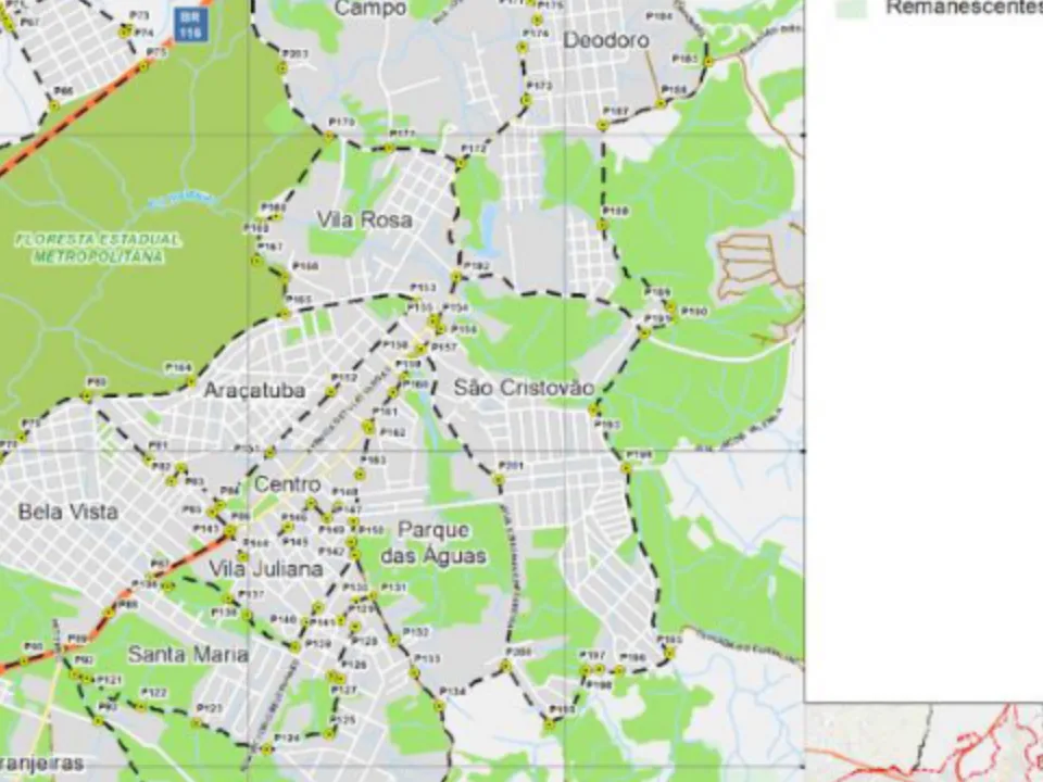 Mapa municipal de São Cristóvão, Piraquara. Recorte do mapa municipal do Anexo VII, centrado no rótulo do bairro. Pode não conter todo o perímetro. O mapa conserva a legenda histórica de proposta, incorporada à lei de 2026. Consulte o original para limites completos. Fonte: Prefeitura de Piraquara / URBTEC.