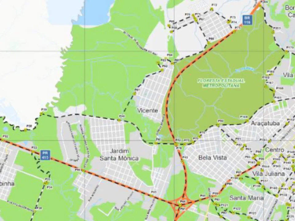 Mapa municipal de Vicente, Piraquara. Recorte do mapa municipal do Anexo VII, centrado no rótulo do bairro. Pode não conter todo o perímetro. O mapa conserva a legenda histórica de proposta, incorporada à lei de 2026. Consulte o original para limites completos. Fonte: Prefeitura de Piraquara / URBTEC.
