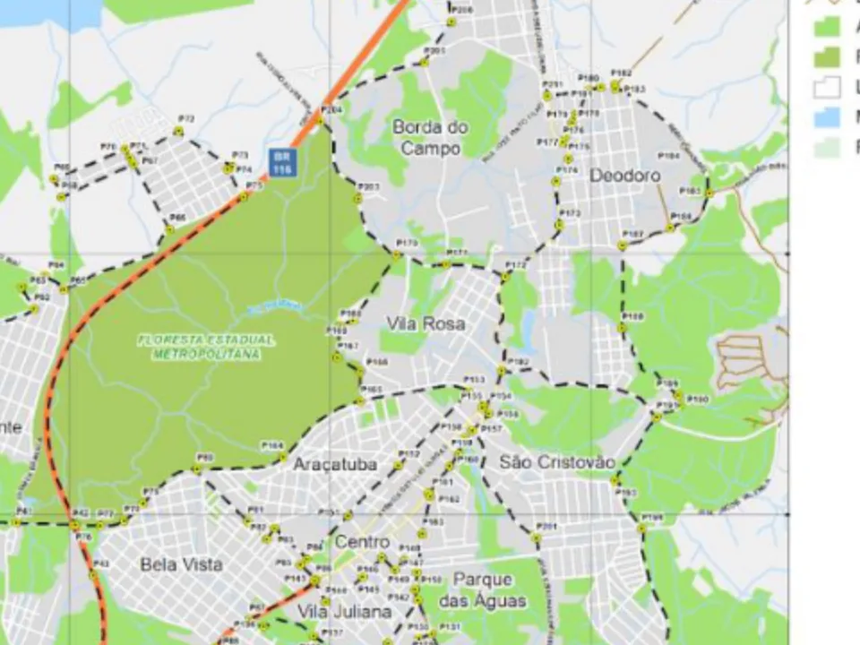 Mapa municipal de Vila Rosa, Piraquara. Recorte do mapa municipal do Anexo VII, centrado no rótulo do bairro. Pode não conter todo o perímetro. O mapa conserva a legenda histórica de proposta, incorporada à lei de 2026. Consulte o original para limites completos. Fonte: Prefeitura de Piraquara / URBTEC.